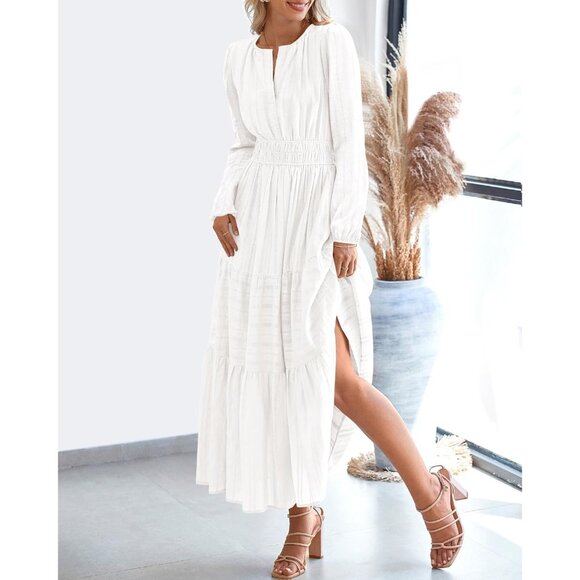 Women White Long Sleeve V Neck Elastic Waist Lightweight Maxi Dress Pockets - Picture 8 of 8